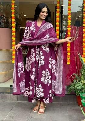 Purple Printed Viscose Salwar Kameez With Dupatta