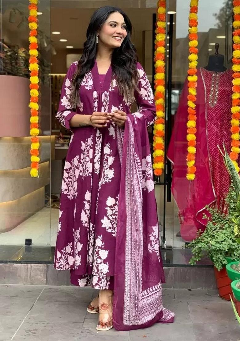 Purple Printed Viscose Salwar Kameez With Dupatta