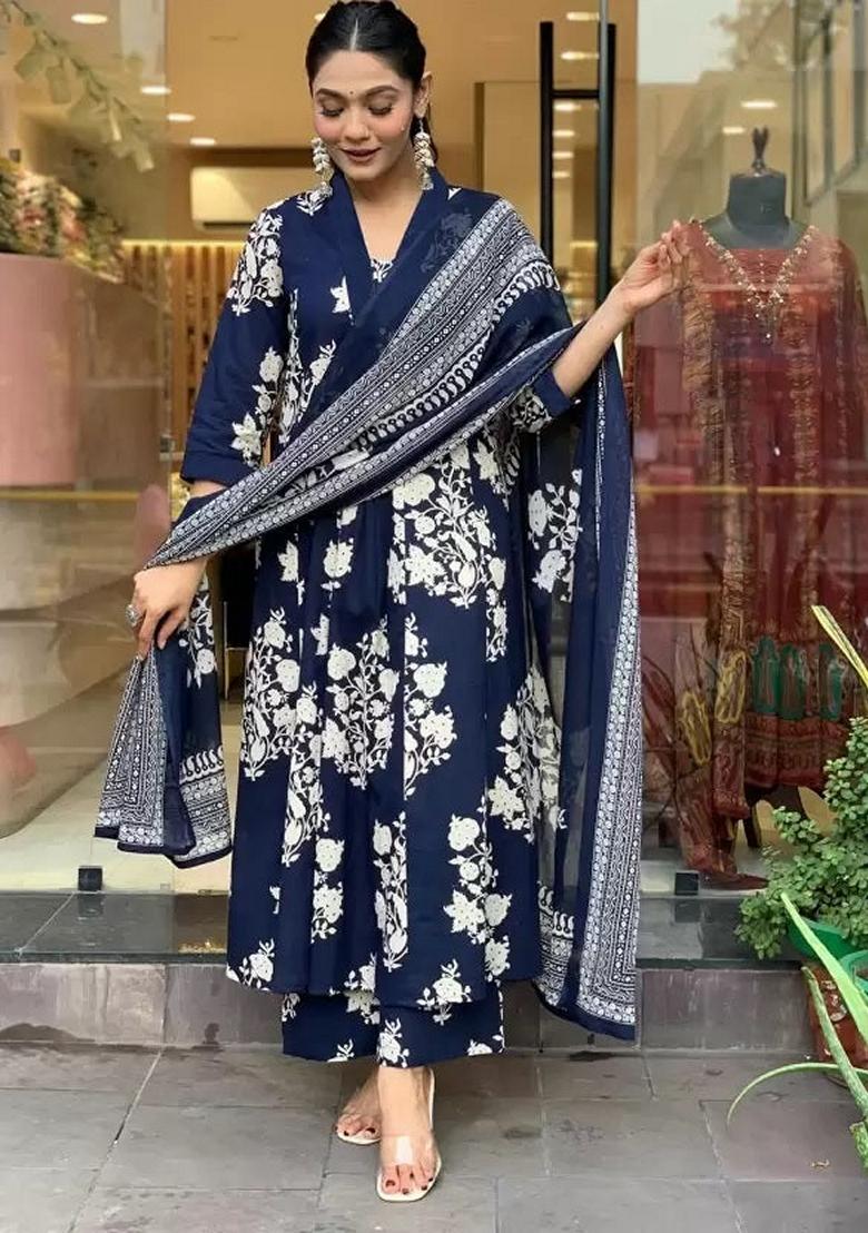 Blue Printed Viscose Salwar Kameez With Dupatta