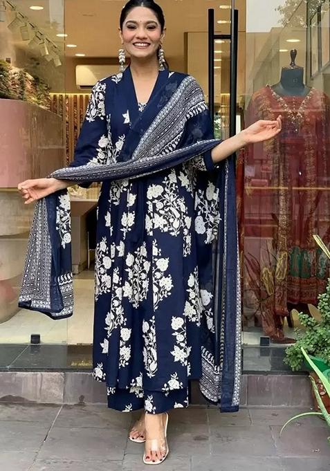 Blue Printed Viscose Salwar Kameez With Dupatta