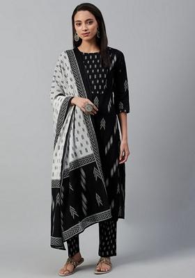 Black Printed Viscose Salwar Kameez With Dupatta
