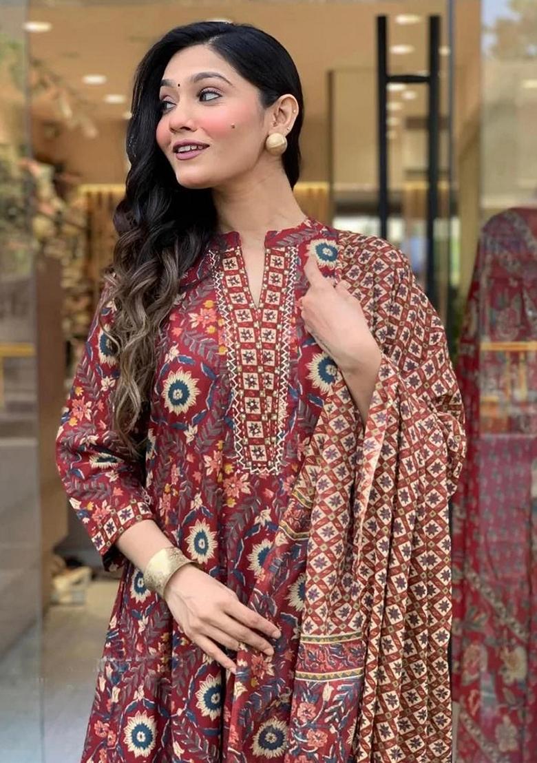 Maroon Printed Viscose Salwar Kameez With Dupatta