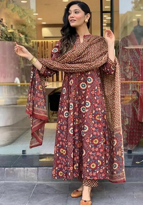 Maroon Printed Viscose Salwar Kameez With Dupatta