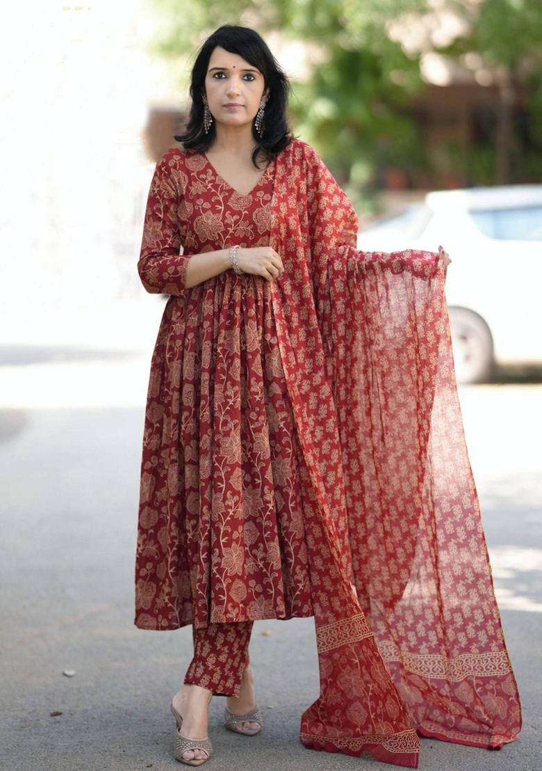 Red Printed Viscose Salwar Kameez With Dupatta