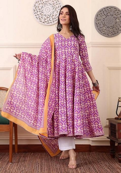 White Printed Viscose Salwar Kameez With Dupatta