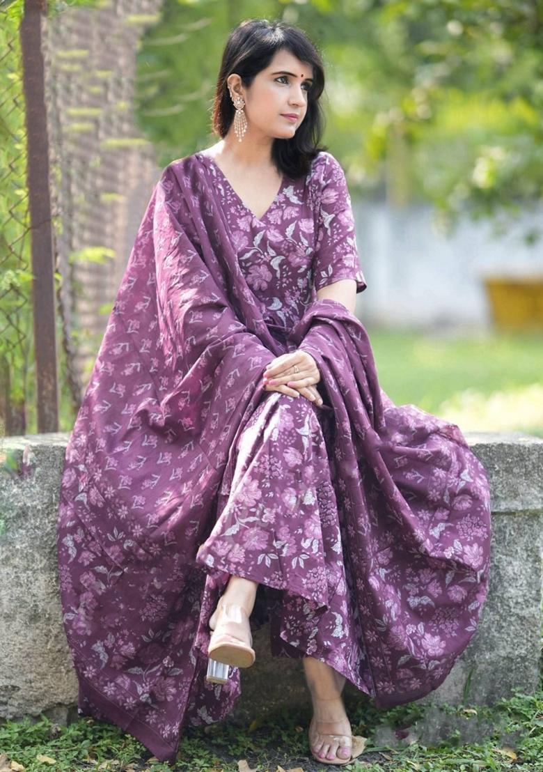 Purple Printed Viscose Salwar Kameez With Dupatta