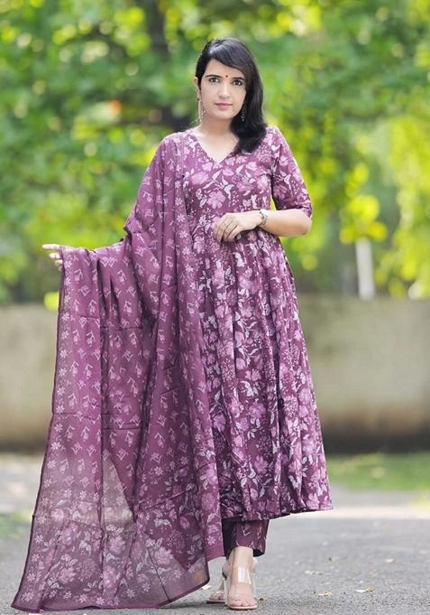 Purple Printed Viscose Salwar Kameez With Dupatta