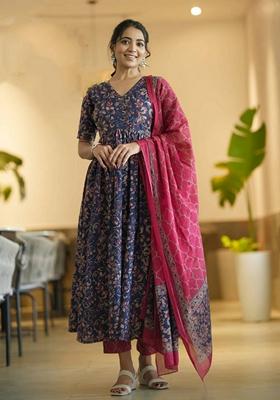 Blue Printed Viscose Salwar Kameez With Dupatta