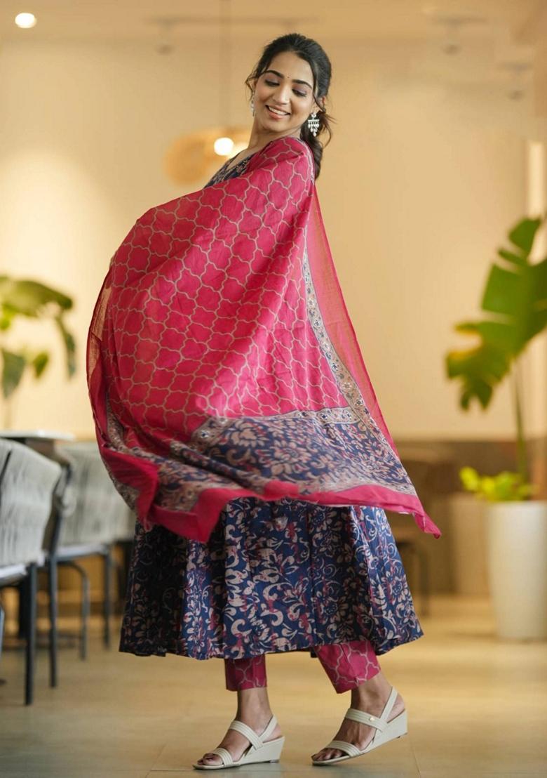 Blue Printed Viscose Salwar Kameez With Dupatta