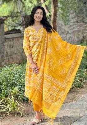Yellow Printed Viscose Salwar Kameez With Dupatta