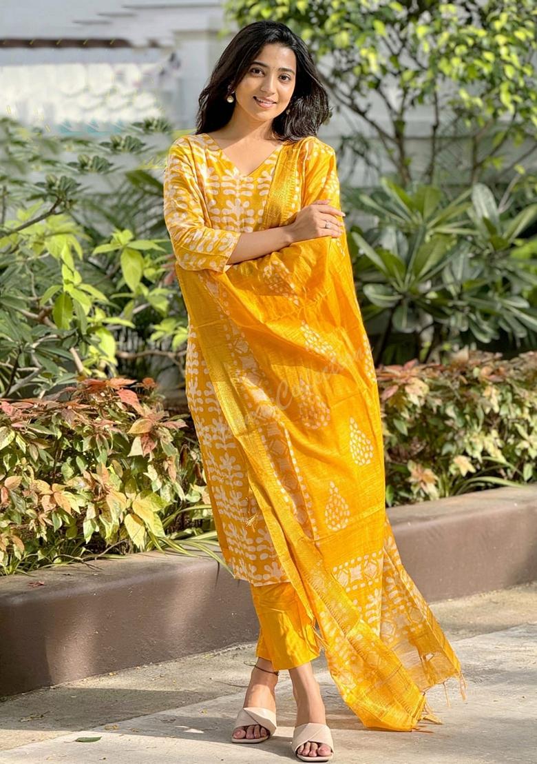 Yellow Printed Viscose Salwar Kameez With Dupatta