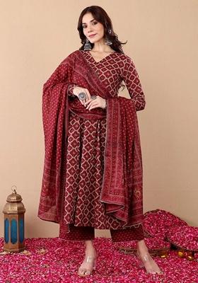Red Printed Viscose Salwar Kameez With Dupatta