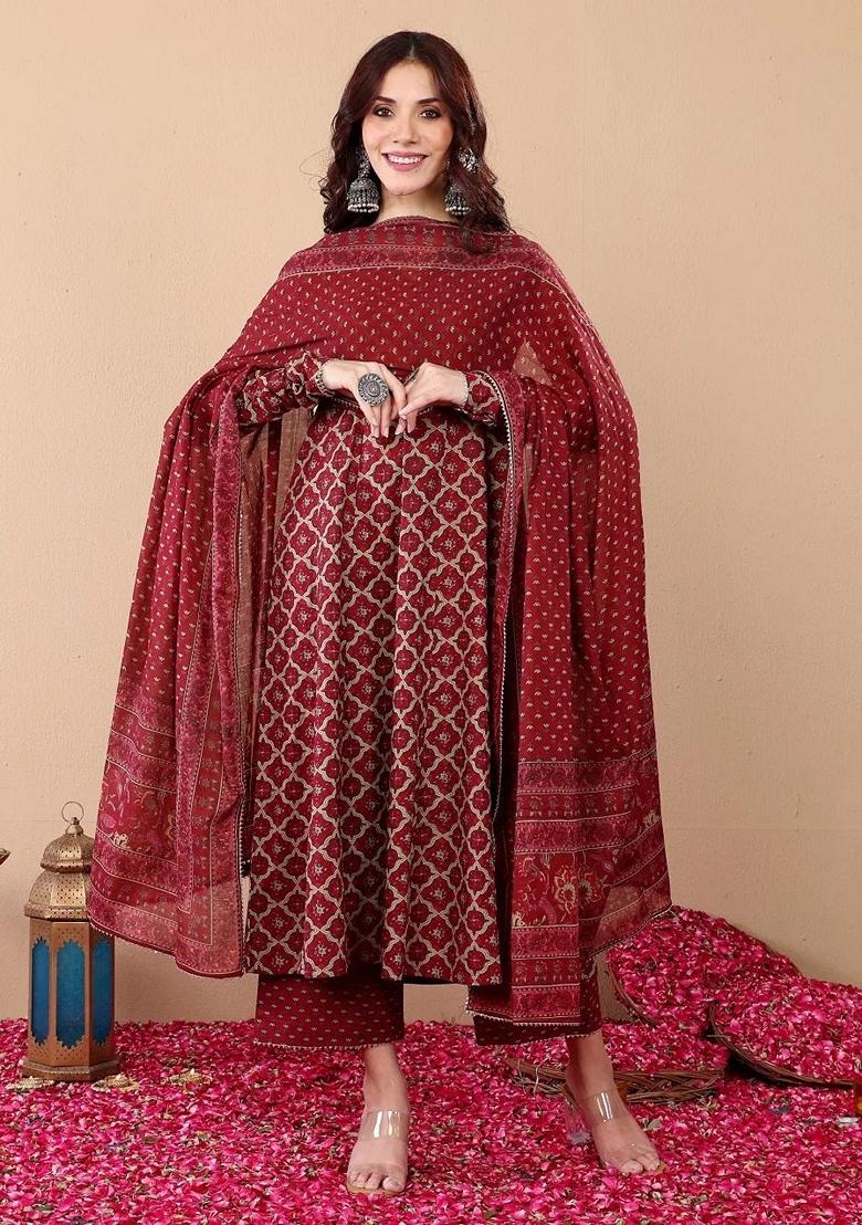 Red Printed Viscose Salwar Kameez With Dupatta