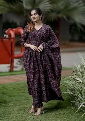 Maroon Printed Viscose Salwar Kameez With Dupatta