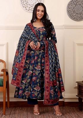 Blue Printed Viscose Salwar Kameez With Dupatta