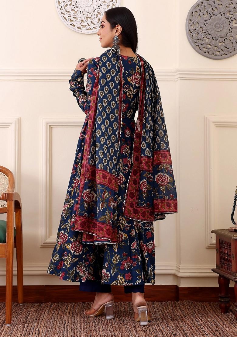 Blue Printed Viscose Salwar Kameez With Dupatta