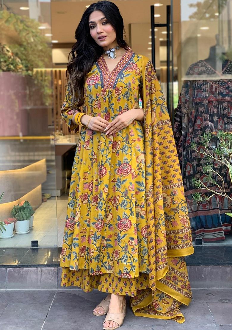 Yellow Printed Viscose Salwar Kameez With Dupatta