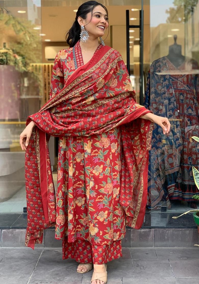 Red Printed Viscose Salwar Kameez With Dupatta