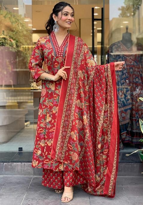 Red Printed Viscose Salwar Kameez With Dupatta