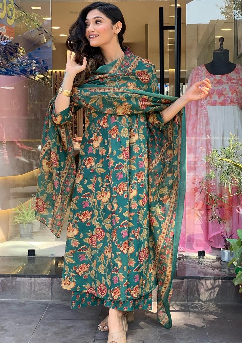 Green Printed Viscose Salwar Kameez With Dupatta