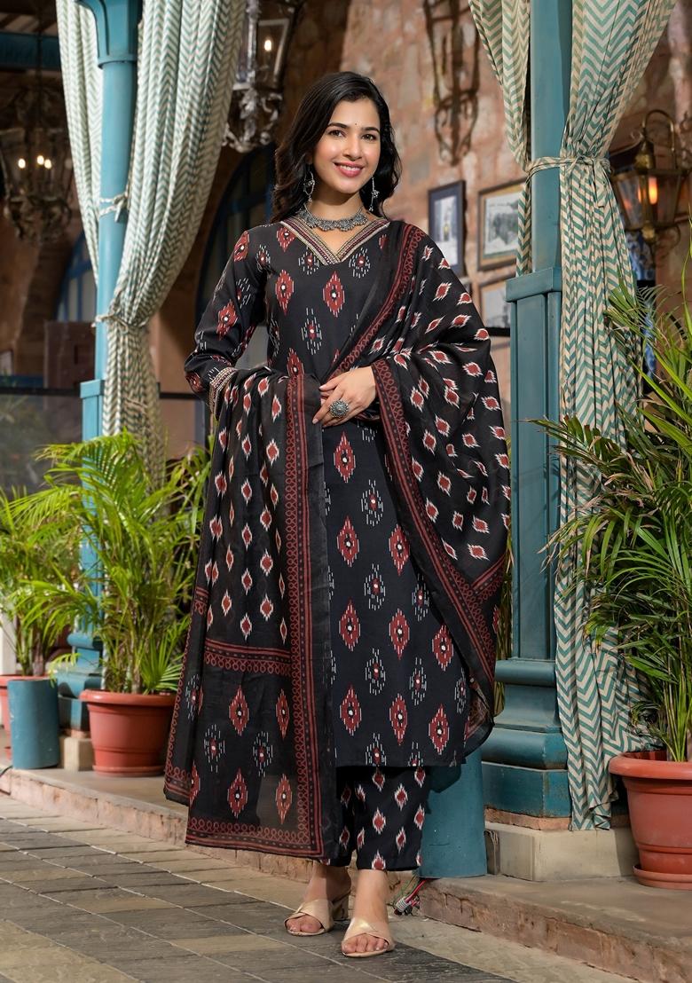 Black Embroidered Viscose Salwar Kameez With Dupatta