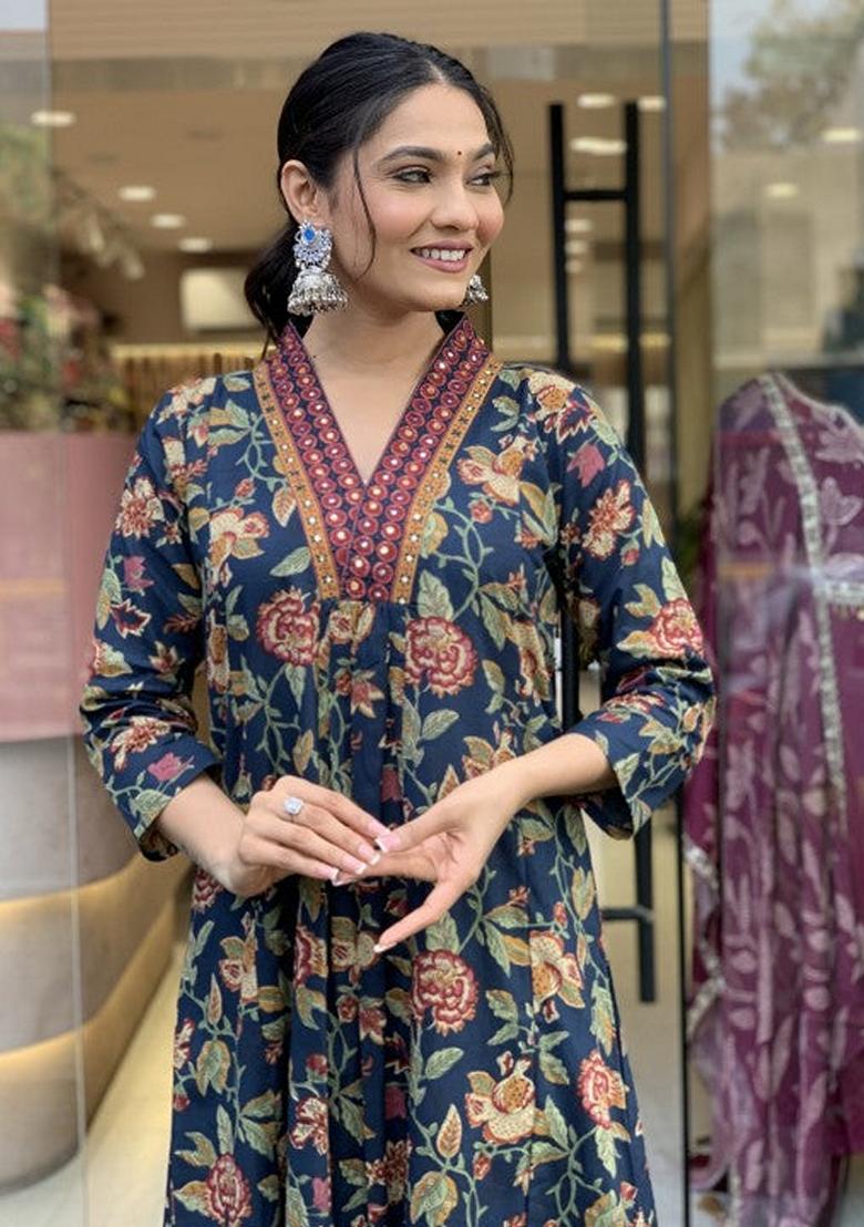 Blue Printed Viscose Salwar Kameez With Dupatta