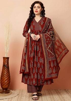 Red Printed Viscose Salwar Kameez With Dupatta