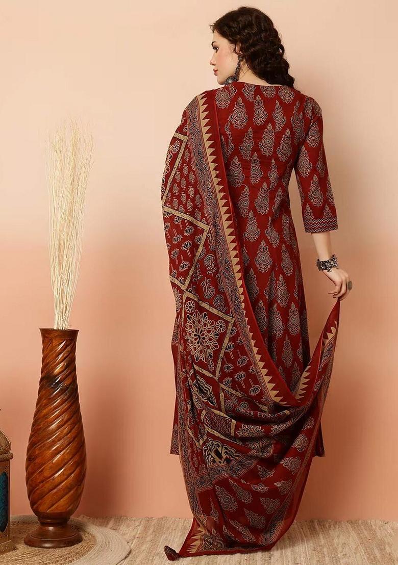 Red Printed Viscose Salwar Kameez With Dupatta
