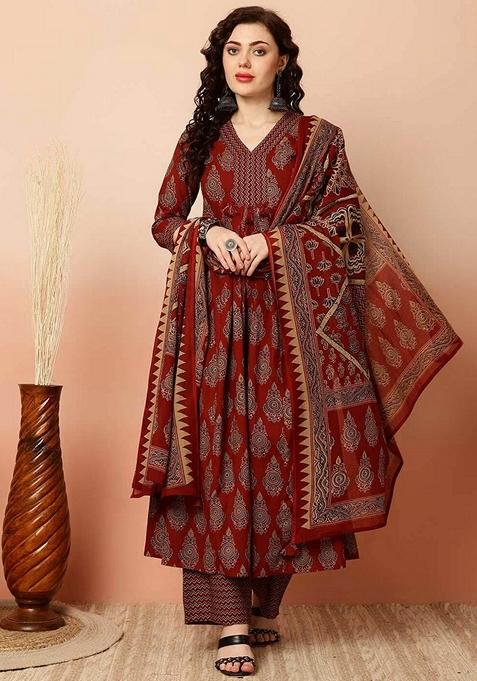 Red Printed Viscose Salwar Kameez With Dupatta