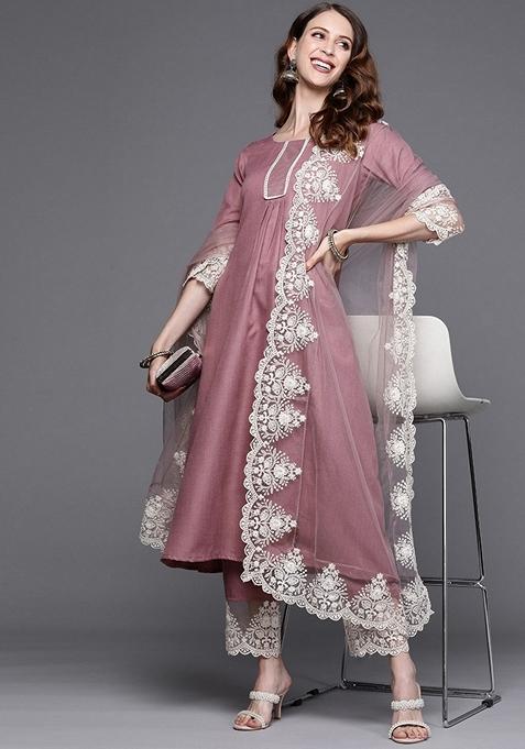 Pink Printed Viscose Salwar Kameez With Dupatta