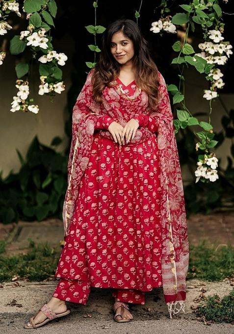 Red Printed Viscose Salwar Kameez With Dupatta