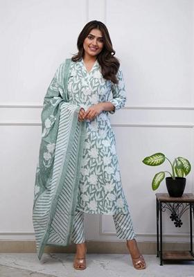Green Printed Viscose Salwar Kameez With Dupatta