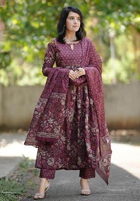 Maroon Printed Viscose Salwar Kameez With Dupatta