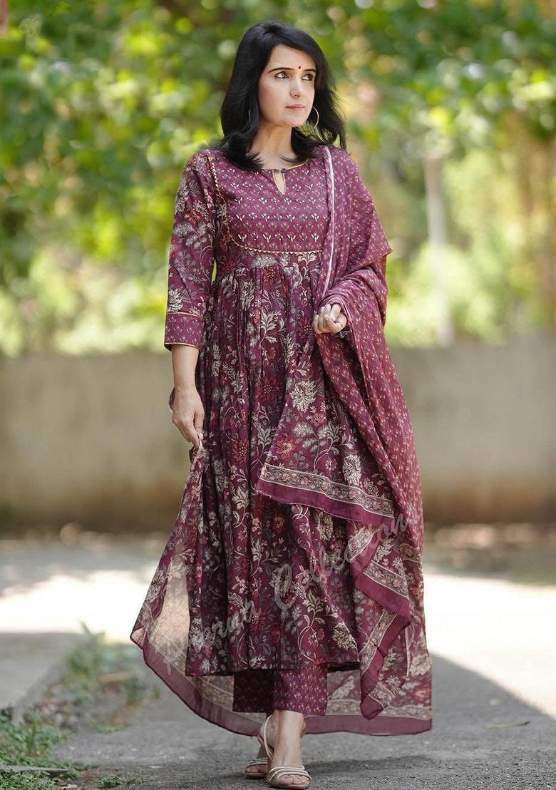 Maroon Printed Viscose Salwar Kameez With Dupatta