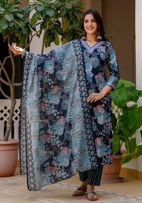 Blue Printed Viscose Salwar Kameez With Dupatta