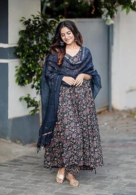 Blue Printed Viscose Salwar Kameez With Dupatta