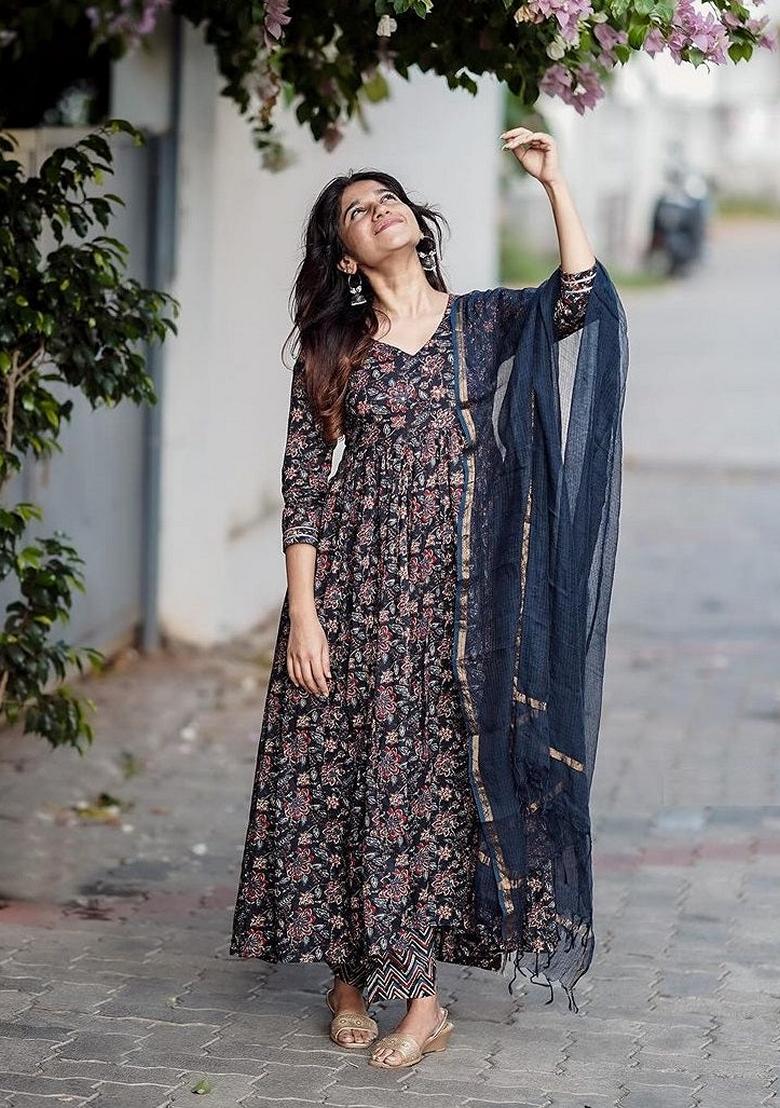 Blue Printed Viscose Salwar Kameez With Dupatta