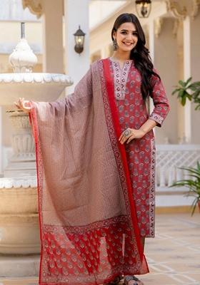 Red Printed Viscose Salwar Kameez With Dupatta