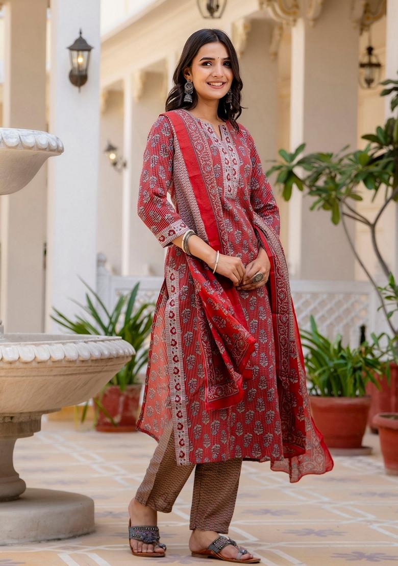 Red Printed Viscose Salwar Kameez With Dupatta