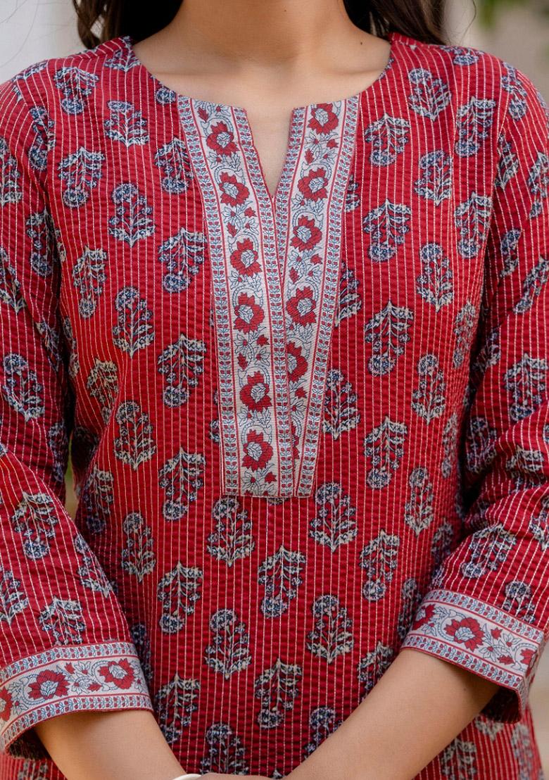 Red Printed Viscose Salwar Kameez With Dupatta