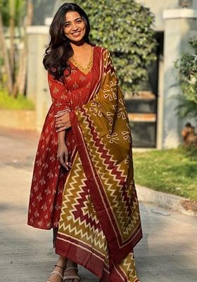 Red Printed Viscose Salwar Kameez With Dupatta