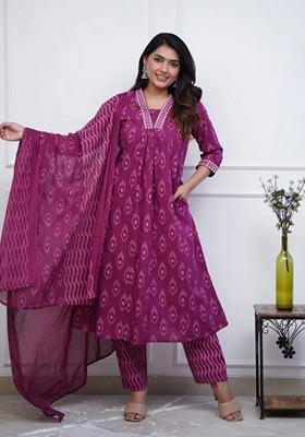 Blue Printed Viscose Salwar Kameez With Dupatta