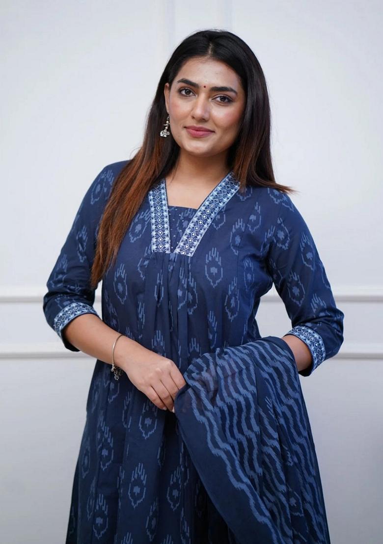 Blue Printed Viscose Salwar Kameez With Dupatta