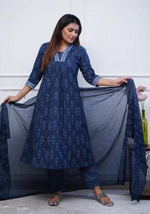 Blue Printed Viscose Salwar Kameez With Dupatta