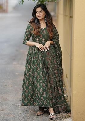 Green Printed Viscose Salwar Kameez With Dupatta
