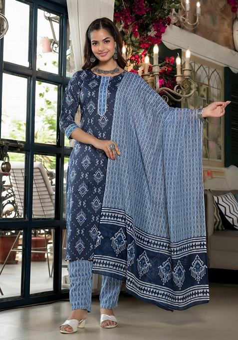 Blue Embroidered Viscose Salwar Kameez With Dupatta