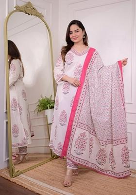 White Printed Viscose Salwar Kameez With Dupatta
