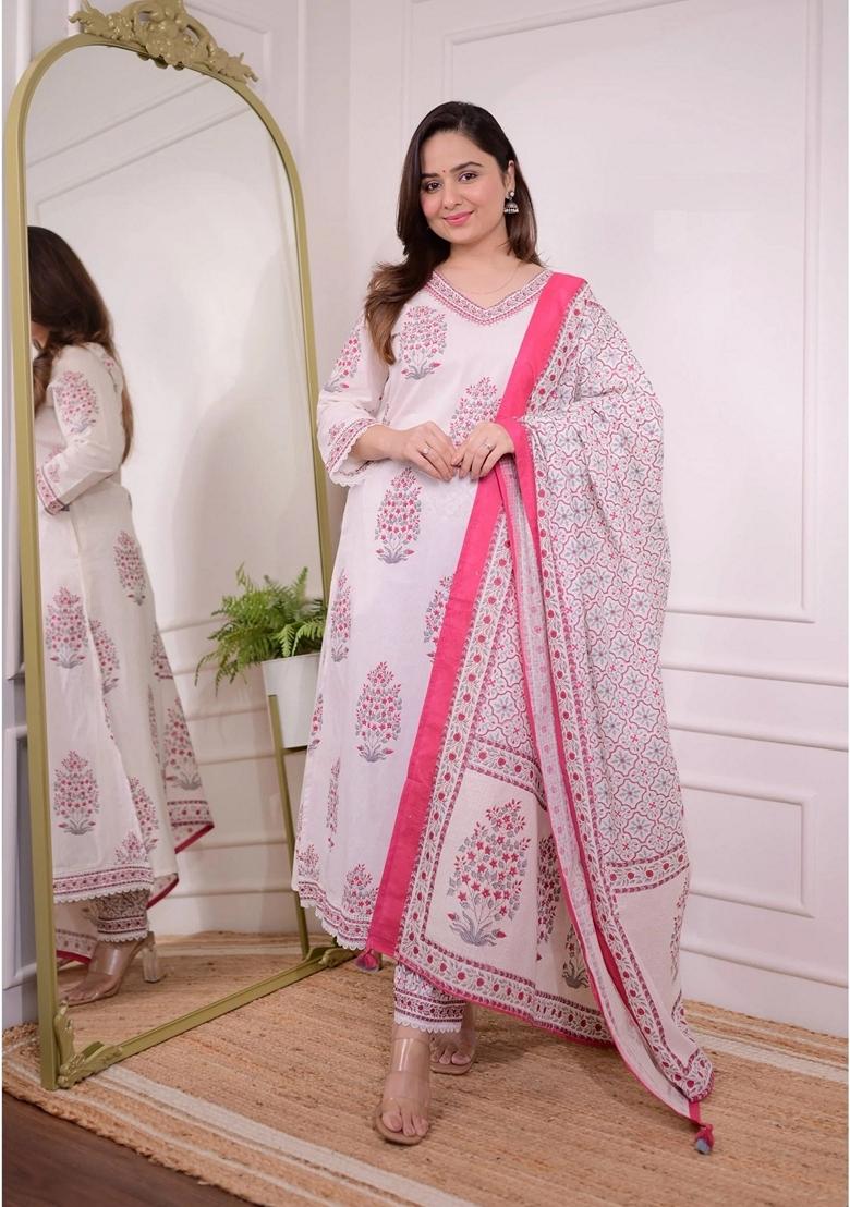 White Printed Viscose Salwar Kameez With Dupatta