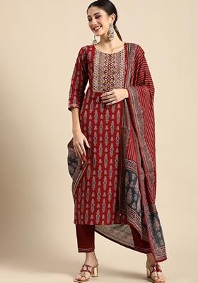 Red Printed Viscose Salwar Kameez With Dupatta