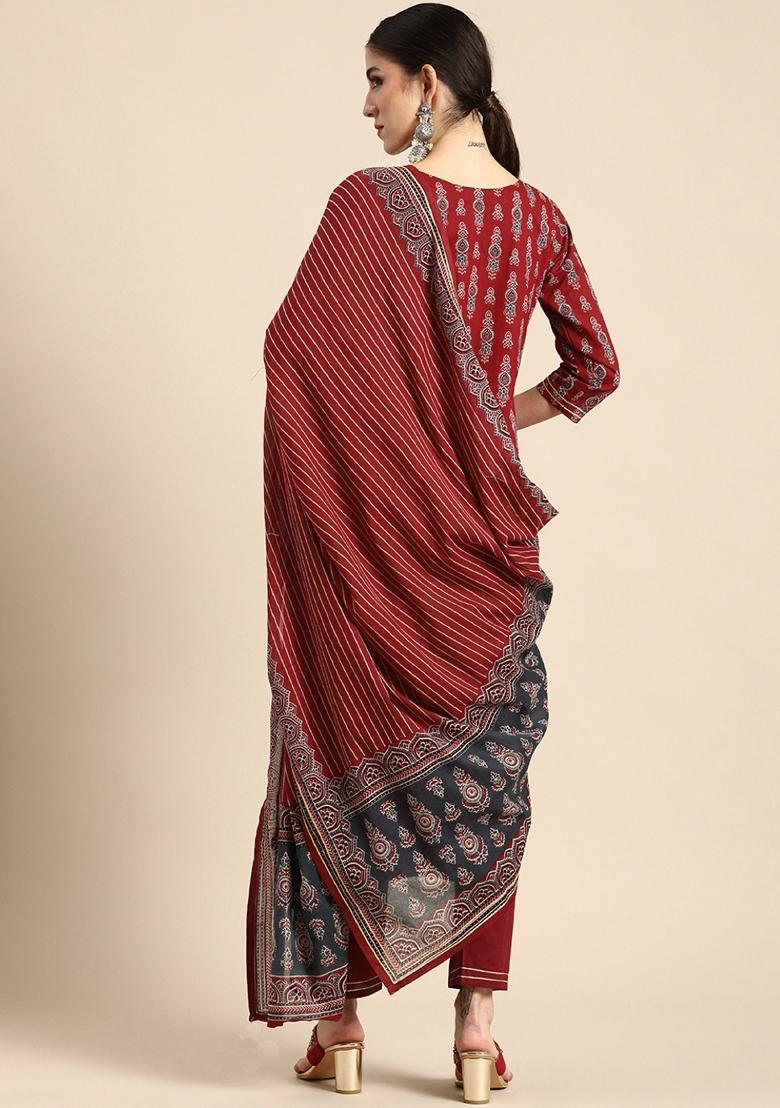 Red Printed Viscose Salwar Kameez With Dupatta